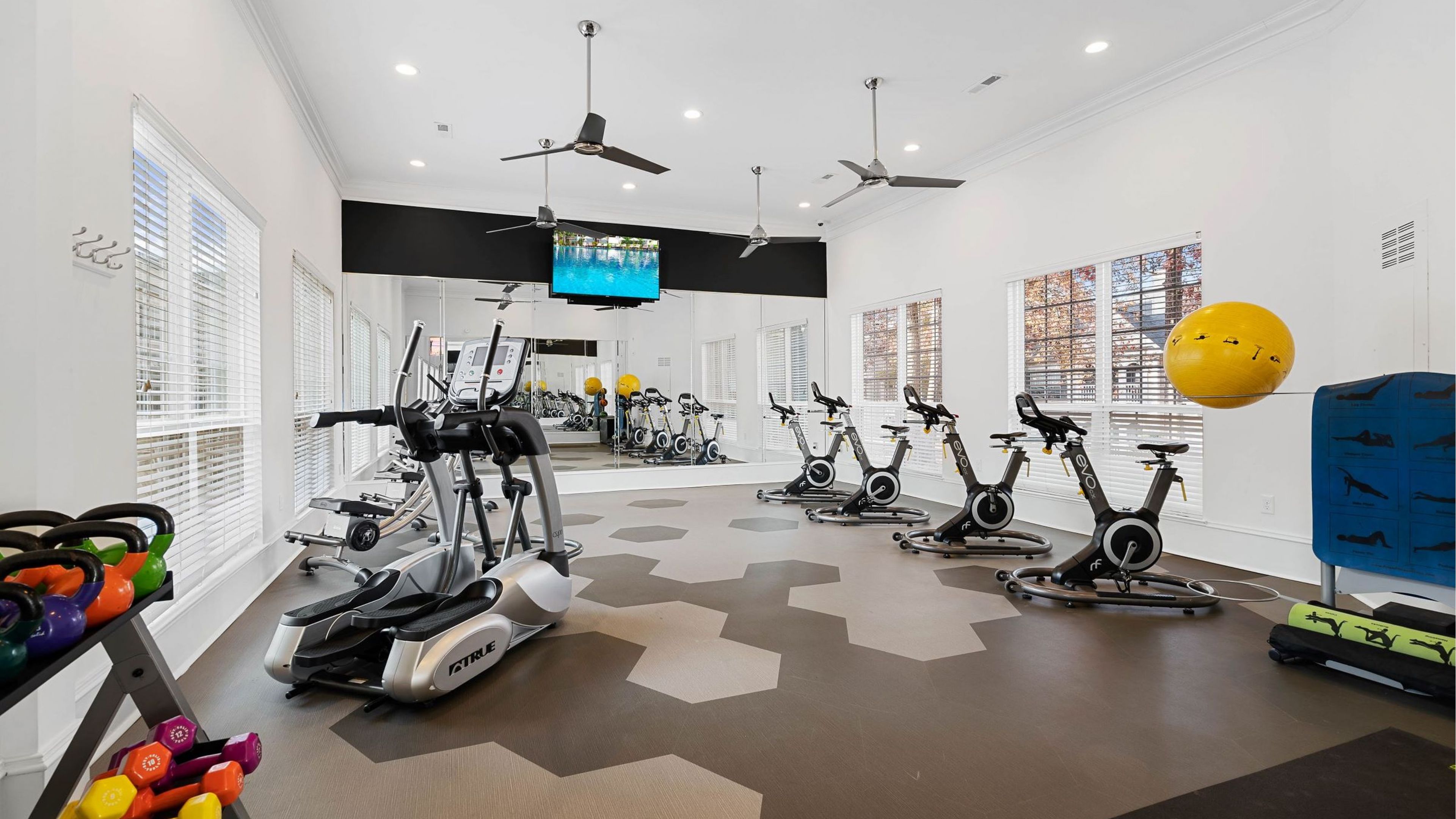Hawthorne at the Carlyle resident fitness center with modern training equipment.